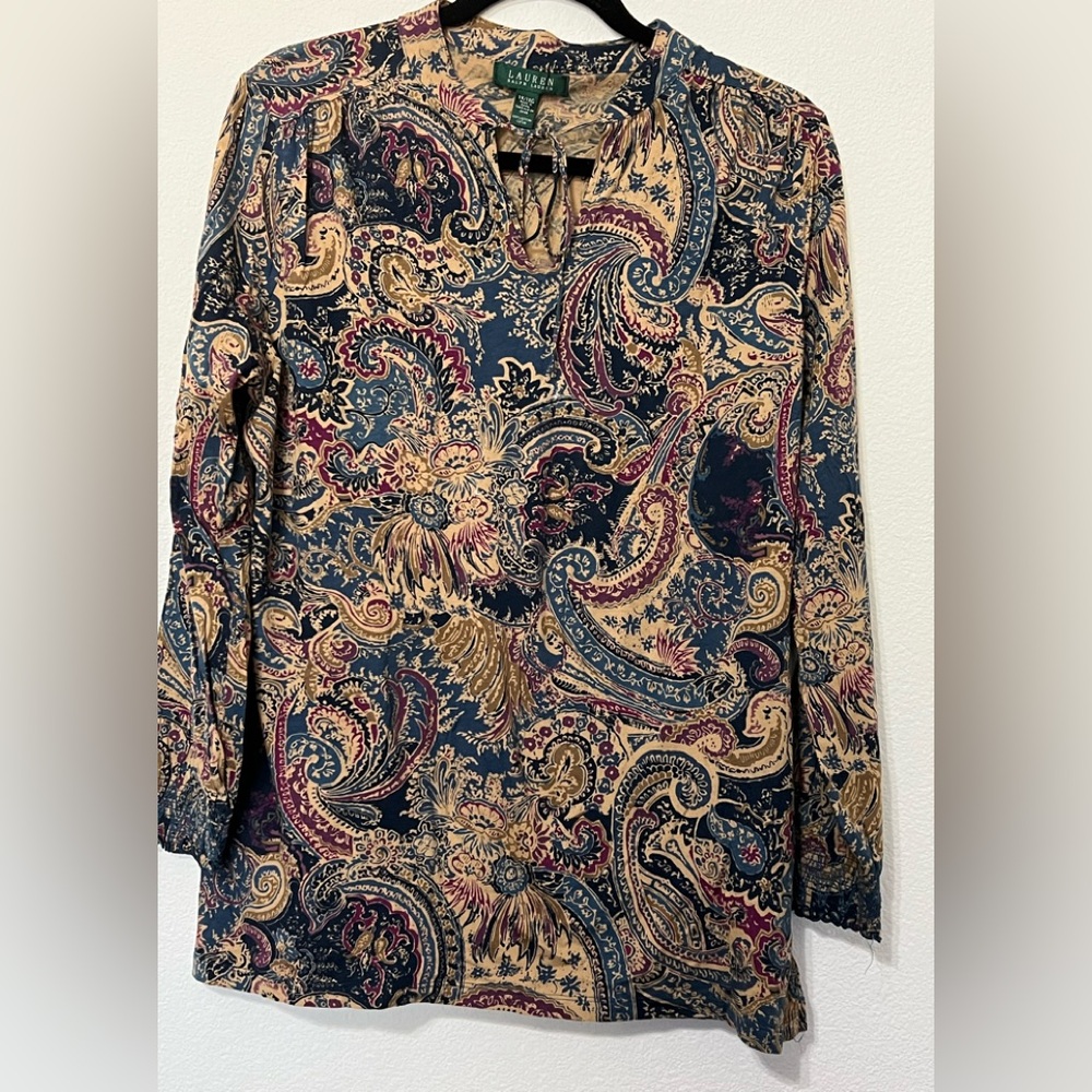 Ralph Lauren Blue and Gold Paisley Blouse